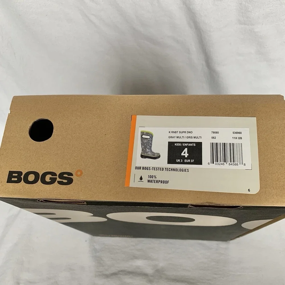 NEW Bogs Kids Rain Boots Super Dino Gray Waterproof Pull On Handles Youth Sz 4